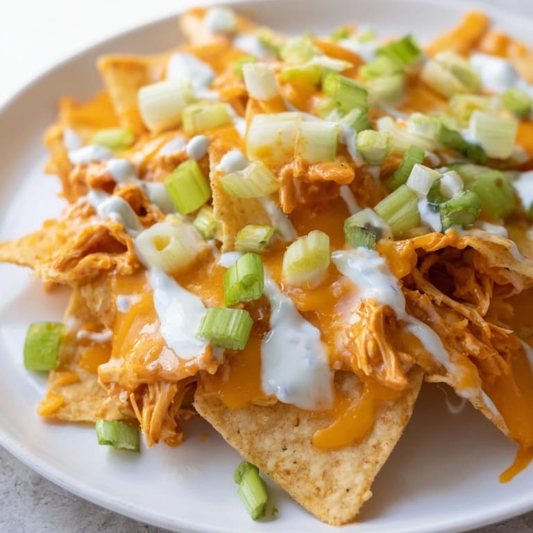 A close-up view of hot Buffalo Chicken Nachos garnished with fresh green onions, celery, and optional cilantro.