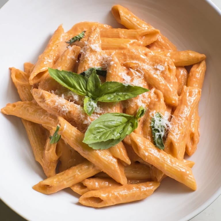Savory Roasted Red Pepper Pasta served warm, featuring tender pasta coated in a vibrant, velvety sauce made from blended roasted peppers.