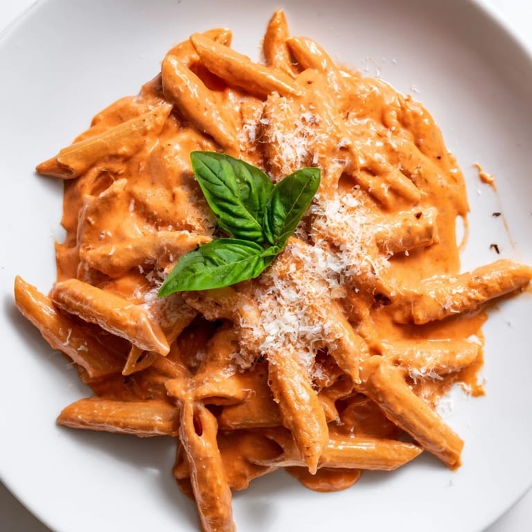 Overhead view of Roasted Red Pepper Pasta, with a fork ready to twirl noodles through the creamy, garlicky, sweet-pepper sauce.