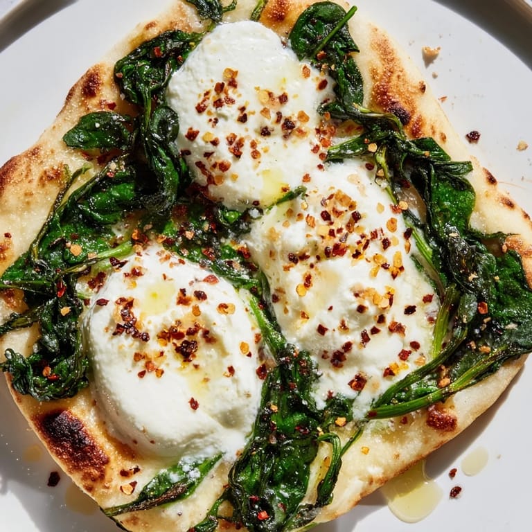 A slice of Spinach Ricotta Pizza on a wooden board, showing bubbly cheese, sautéed spinach, and fresh parsley garnish.  