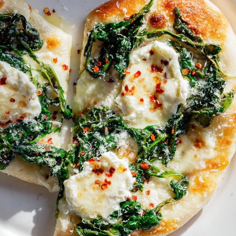 Close-up of Spinach Ricotta Pizza with dollops of ricotta, wilted spinach, and a garlic-butter brushed crust, ready to serve.