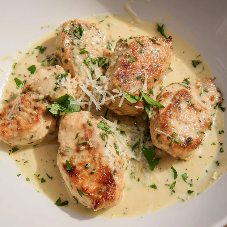 Golden-brown Creamy Garlic Chicken Bites coated in a velvety garlic cream sauce, garnished with fresh parsley on a skillet.