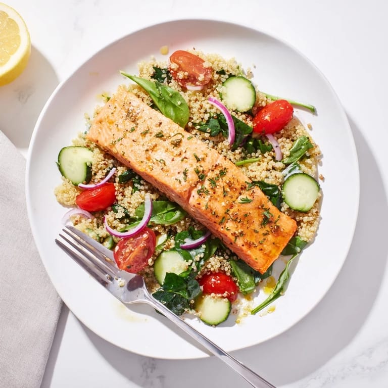 Close-up of Lemon Herb Salmon Salad showcasing tender salmon, fresh herbs, cucumbers, and a bright citrus vinaigrette.