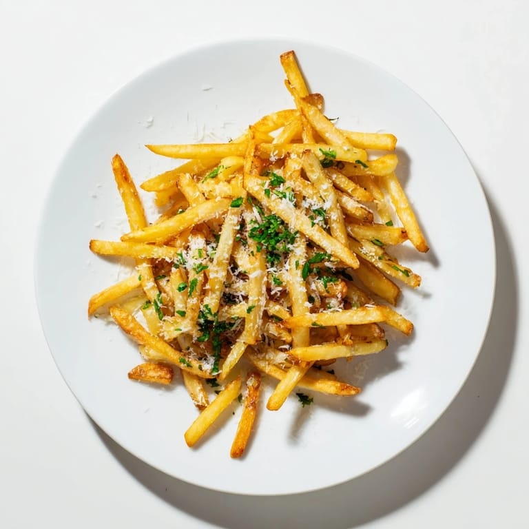 Crispy homemade Truffle Parmesan Fries seasoned with kosher salt and black pepper, arranged alongside a cold beverage for the perfect side dish.