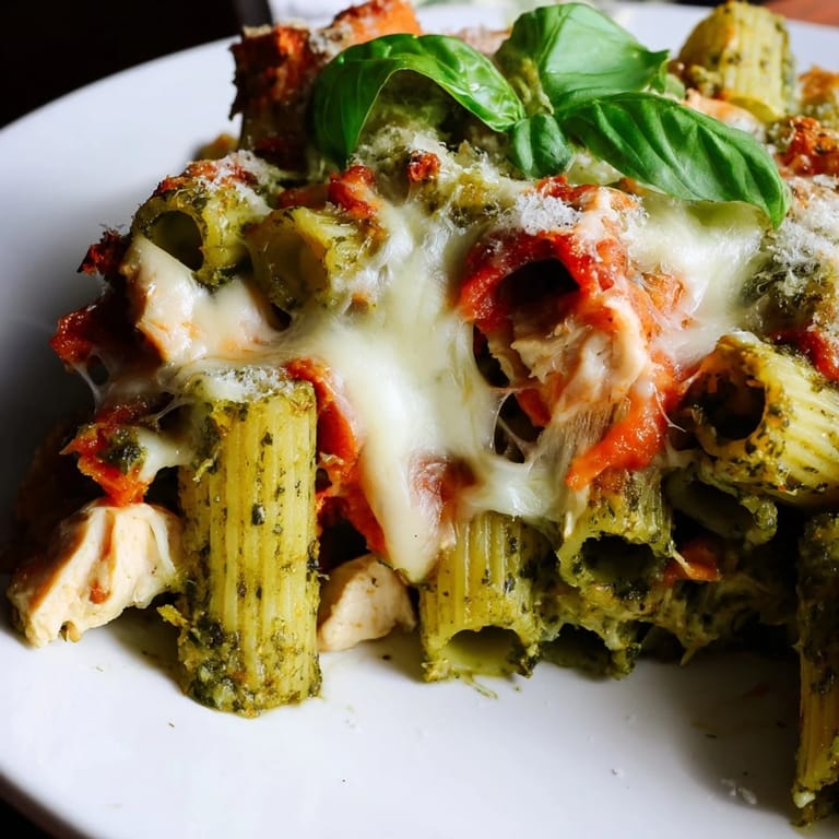 Comforting Pesto Chicken Pasta Bake with tender chicken and penne pasta in a rich marinara sauce.