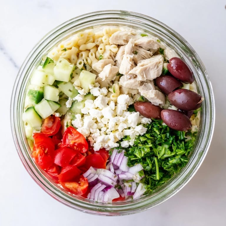A top view of Greek pasta chicken salad jars showing orzo, diced chicken, and crumbled feta.