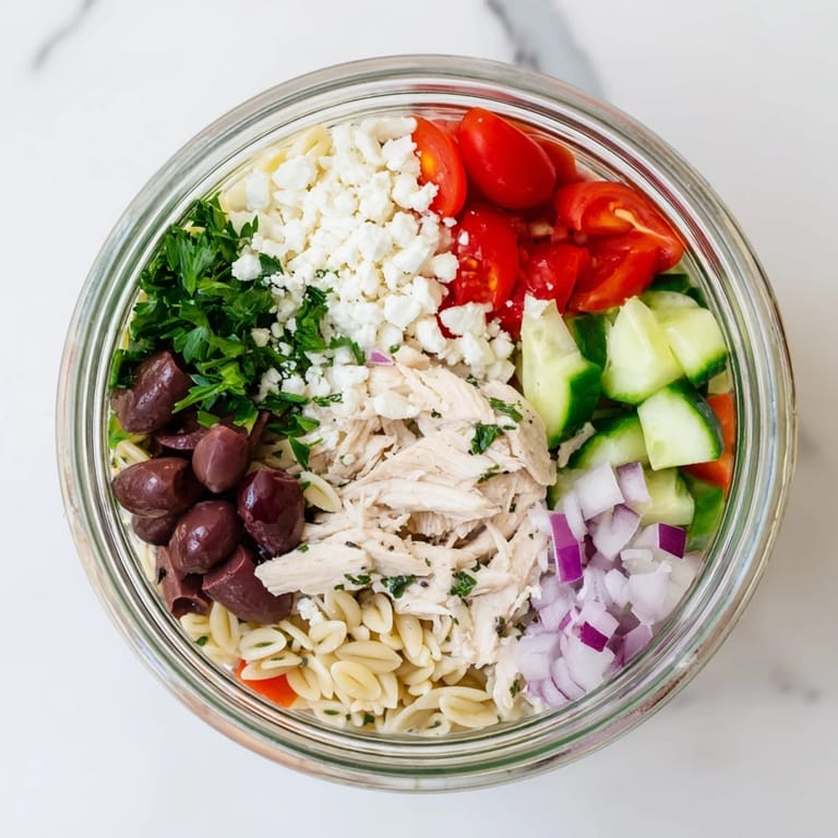 Shake these portable Greek pasta chicken salad jars to blend dressing with feta, olives, and fresh veggies.