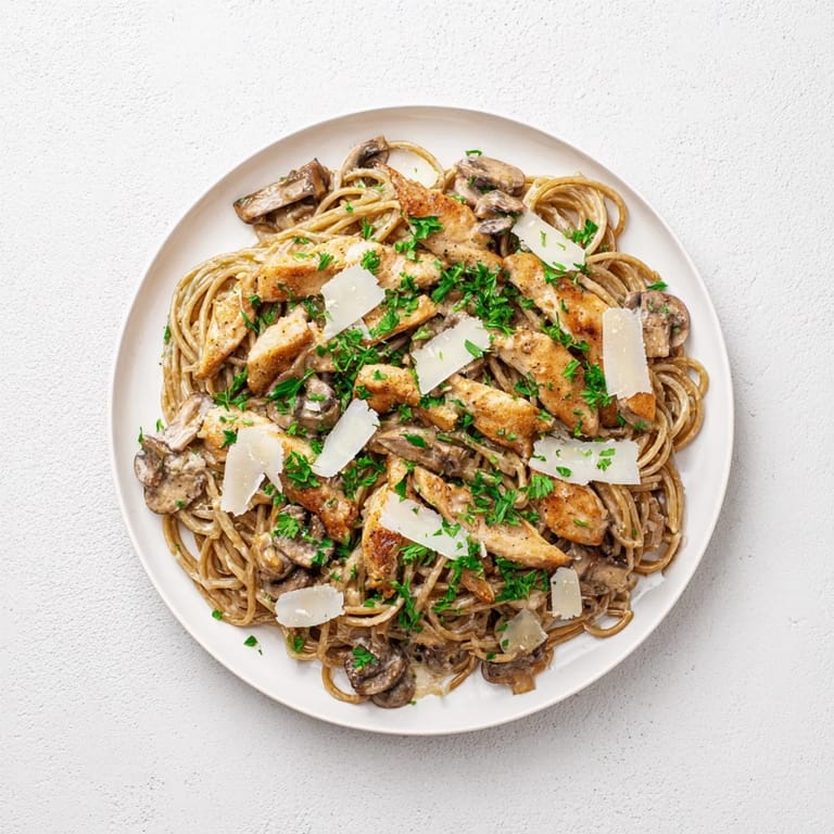A serving of Creamy Mushroom Chicken Spaghettini twirled on a fork, highlighting the velvety mushroom sauce and spinach.  