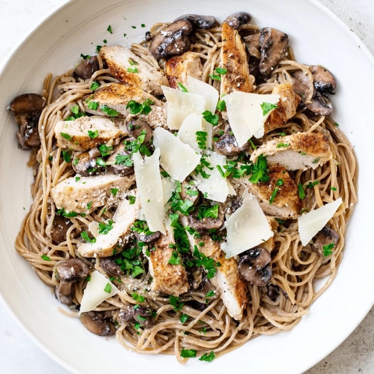 Close-up of Creamy Mushroom Chicken Spaghettini in a white bowl, garnished with parsley and freshly grated Parmesan cheese.
