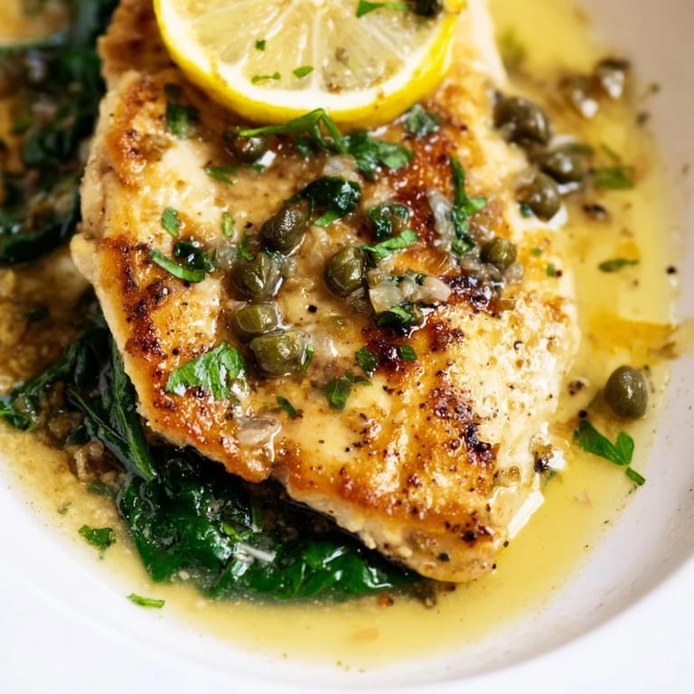 A close-up of Spinach Lemon Butter Chicken, garnished with fresh parsley and lemon slices beside a simple side of buttered rice.