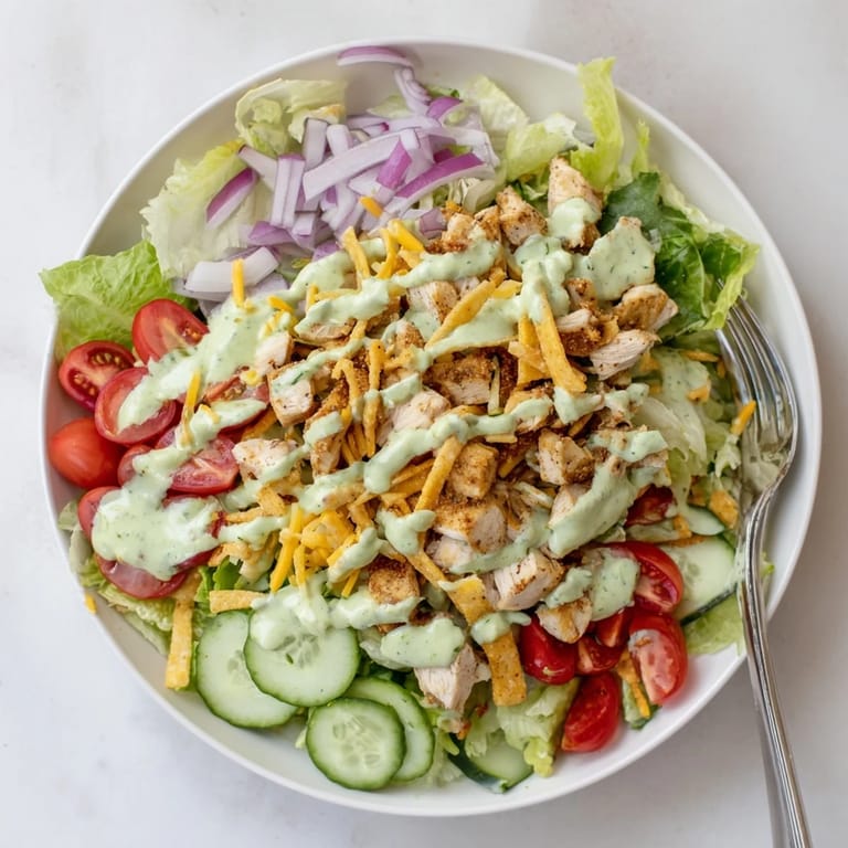 Tender grilled chicken sits atop a fresh Jalapeño Ranch Chicken Salad, garnished with red onion and cilantro.
