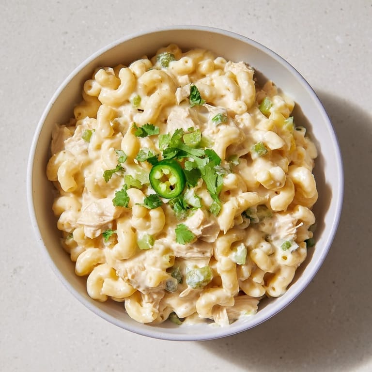 Southwestern-inspired Green Chili Chicken Mac topped with golden melted cheese, served with a crisp side salad.