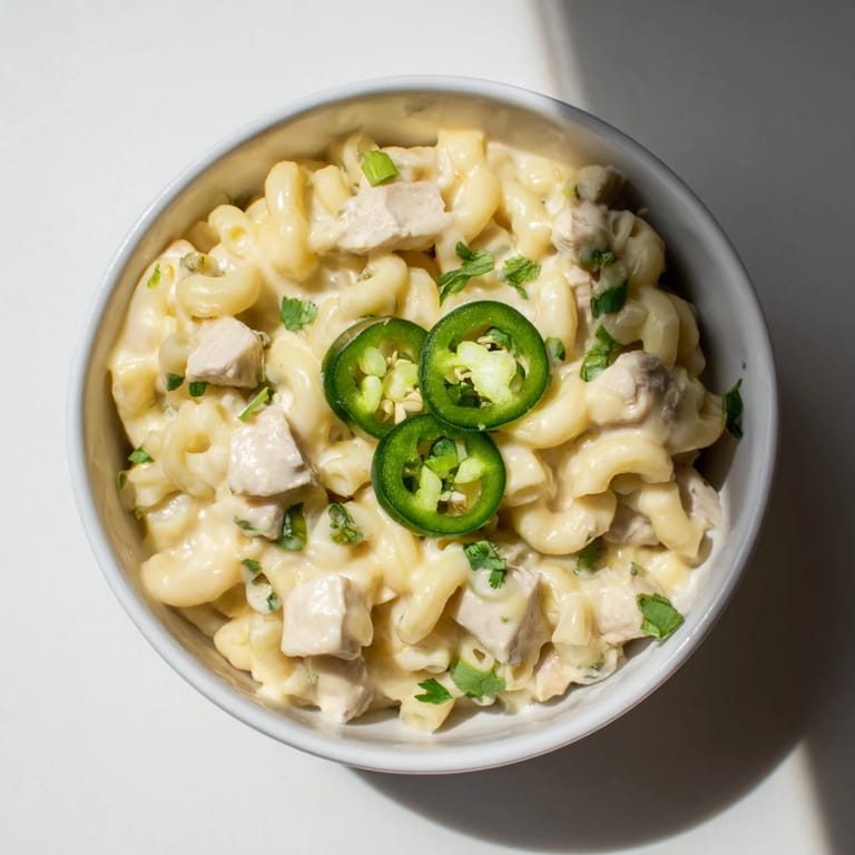Steaming bowl of Green Chili Chicken Mac, garnished with fresh cilantro and jalapeño slices on a rustic table.  