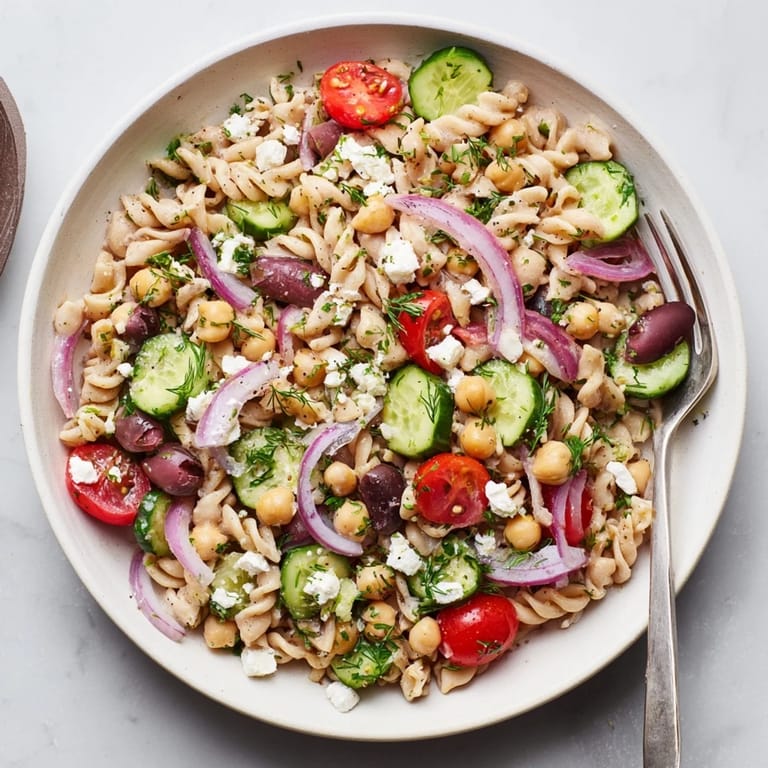 A chilled serving of Lemon Herb Chickpea Pasta Salad, tossed with fresh dill and topped with feta.