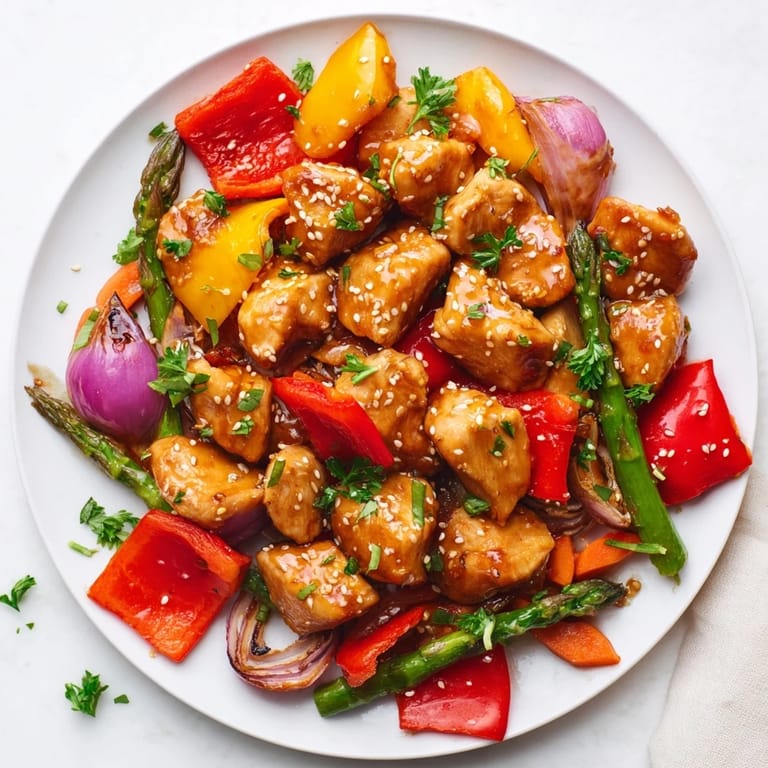 Golden-brown chicken pieces and caramelized vegetables, including asparagus and sugar snap peas, served hot from the oven on a baking sheet.