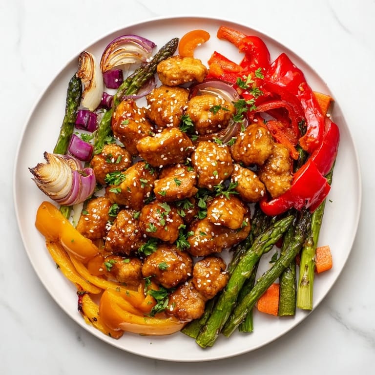 Colorful medley of roasted vegetables and succulent honey garlic chicken, garnished with fresh parsley and sesame seeds on a large pan.