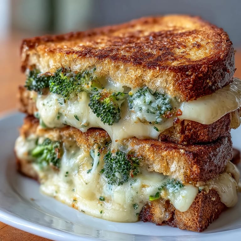 Homemade vegetarian grilled cheese featuring crunchy crusts, gooey cheddar, and savory roasted broccoli, perfect for a quick lunch.