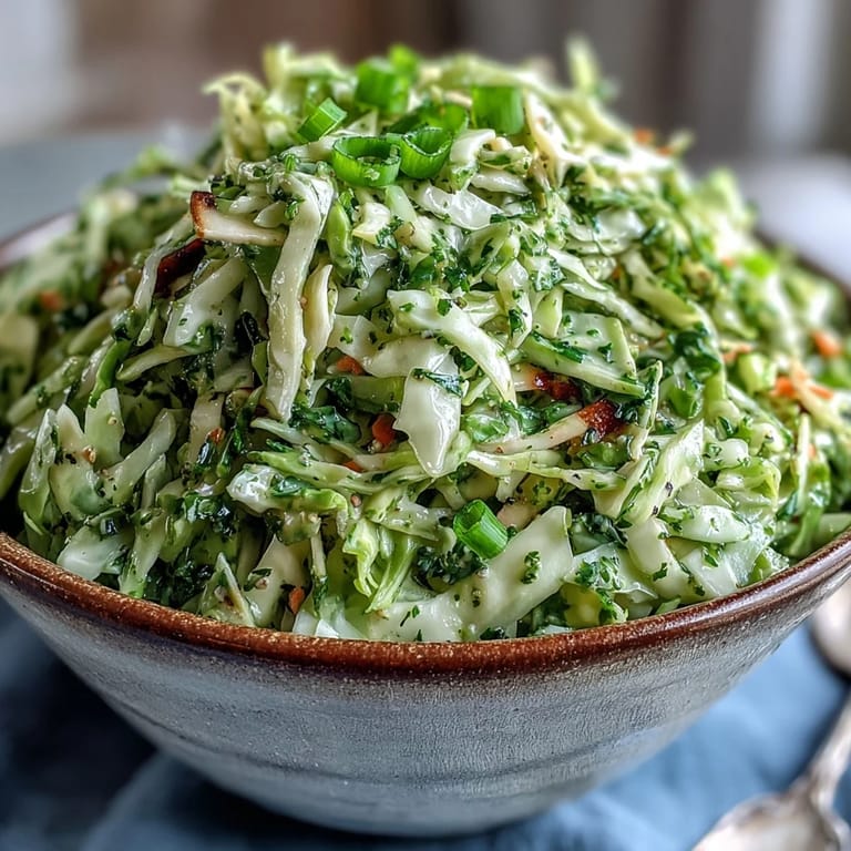 Fresh Green Cabbage and Apple Slaw, a vibrant, tangy salad ready to serve.