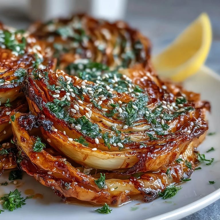 Enjoy these oven-roasted cabbage steaks, beautifully garnished with fresh parsley and tahini.