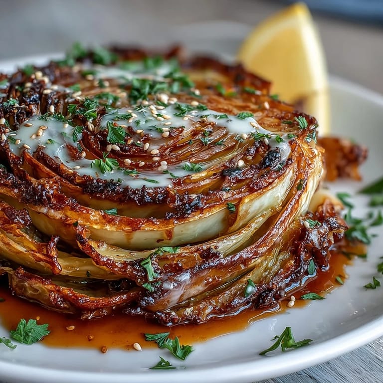 Tender, caramelized cabbage steaks with a nutty tahini drizzle make a delicious vegan meal.