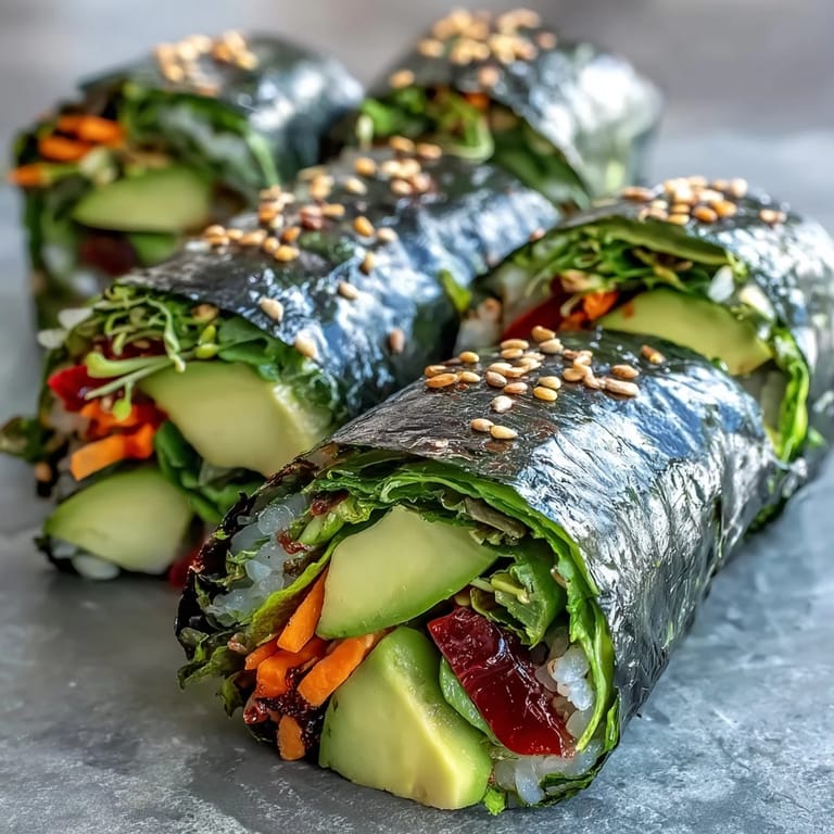 Homemade nori rolls filled with refreshing cucumber, avocado, and sprouts, a delicious snack.