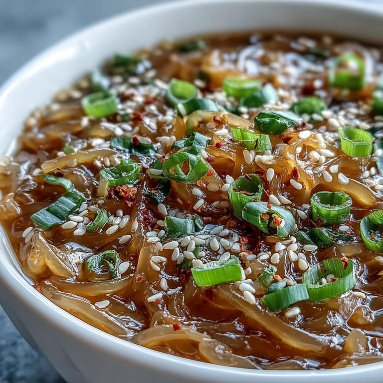 Bowl of shirataki noodles in rich bone broth, topped with herbs and egg.