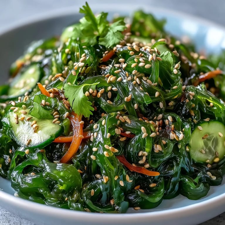 Artfully arranged, this refreshing seaweed salad is ready to be served.