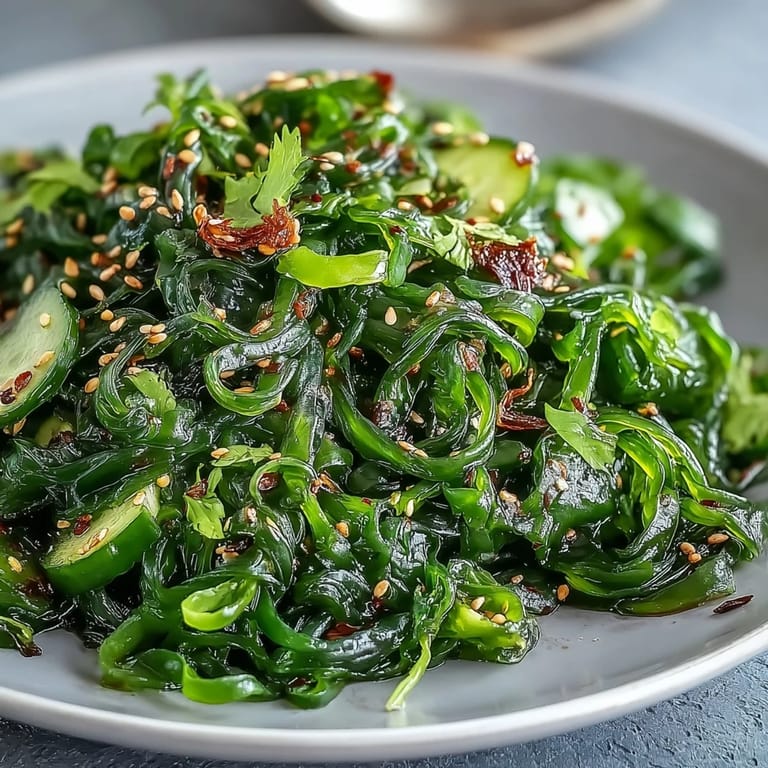 A zesty seaweed salad, packed with colorful veggies and nutty sesame.