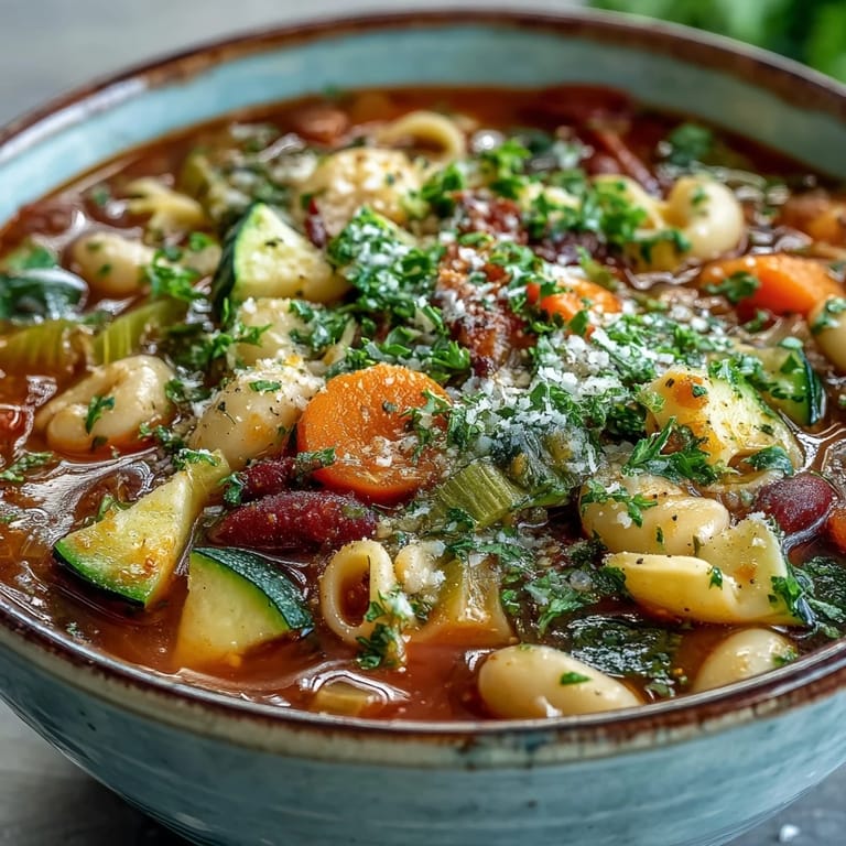 Close-up of vegetable minestrone garnished with fresh parsley and Parmesan, served with crusty bread on the side.