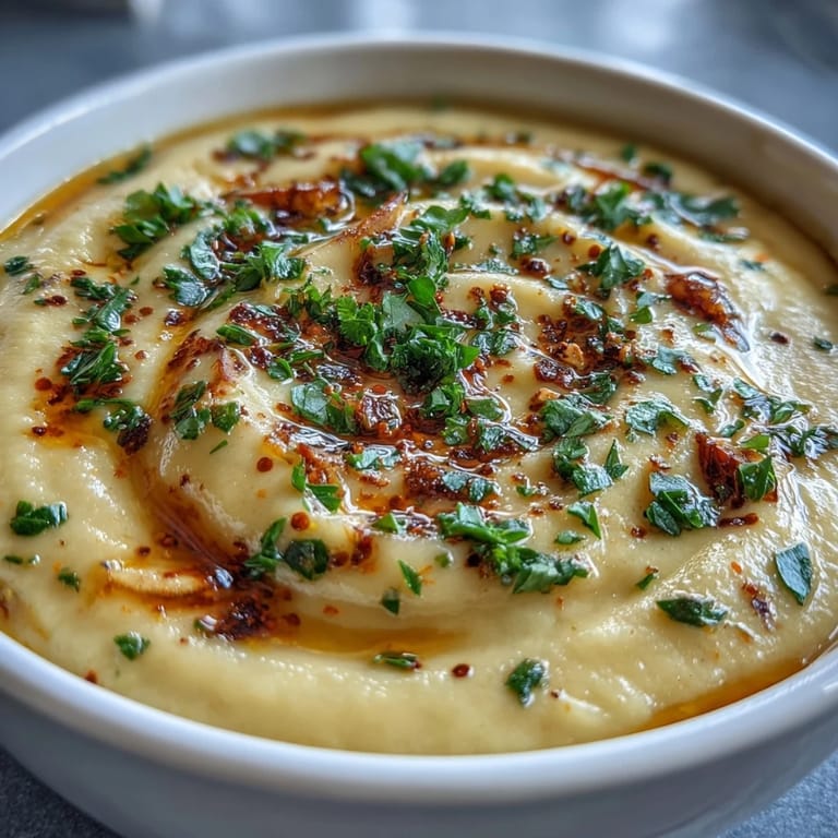 Steaming bowl of roasted garlic and herb soup beside crusty artisan bread, perfect for cozy, vegetarian autumn dinners.