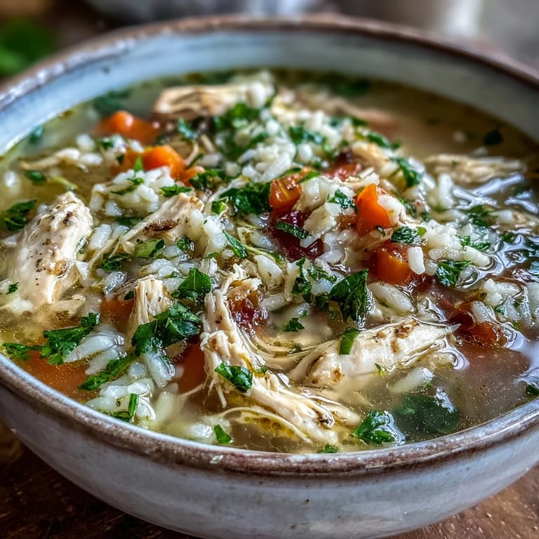 Hearty bowl of Cozy Winter Chicken and Rice Soup garnished with fresh parsley, served alongside crusty bread for dipping.