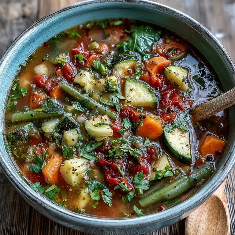 Hearty Italian Herb Vegetable Soup served with crusty bread on a wooden table, perfect for a cozy vegan meal.