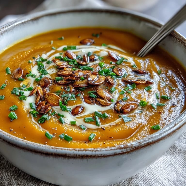 Velvety orange acorn squash soup steaming gently in a rustic bowl with a swirl of cream.  