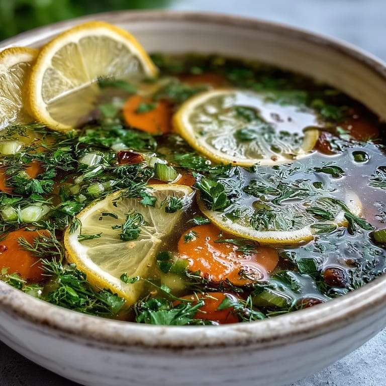 Vibrant Mediterranean lemon herb soup in a rustic white bowl, garnished with parsley and lemon slices for a refreshing meal.  