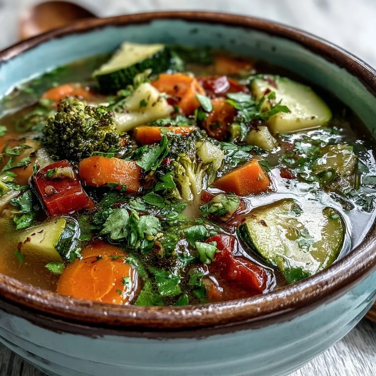 Crisp vegetables in a savory Ginger Vegetable Soup, garnished with cilantro and drizzled with sesame oil.