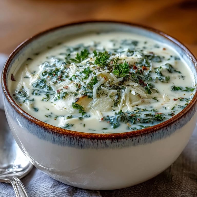 Close-up of velvety Garlic and Herb Soup in a rustic mug, topped with delicate chives and a light sprinkle of Parmesan cheese.