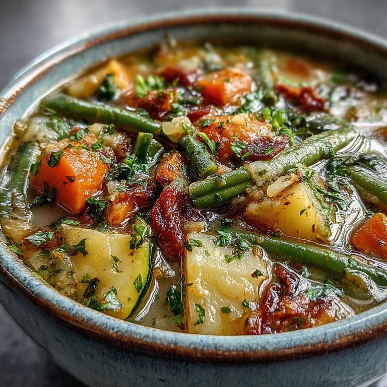 A close-up of a creamy Parmesan Veggie Soup served in a rustic bowl, topped with extra grated cheese and fresh herbs for a cozy meal.