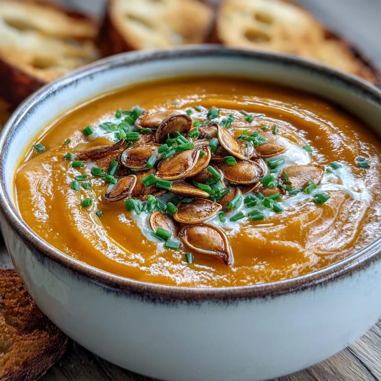 Pumpkin soup pureed smooth with warming spices, served hot with fresh parsley on top.