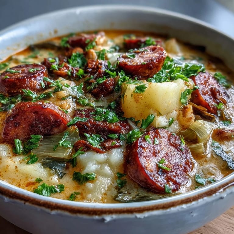A hearty ladle of Potato, Leek and Chorizo Soup with golden potatoes and bright green leeks served beside crusty bread.