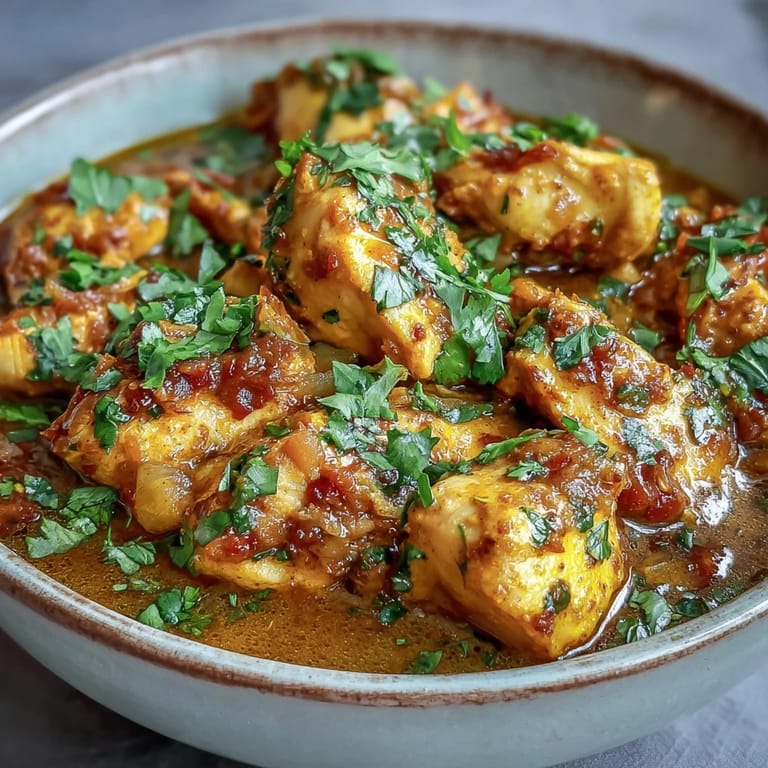 A close-up view of Easy Chicken Curry featuring sautéed onions, juicy chicken, and a velvety golden sauce, ready to be scooped up with warm naan bread.
