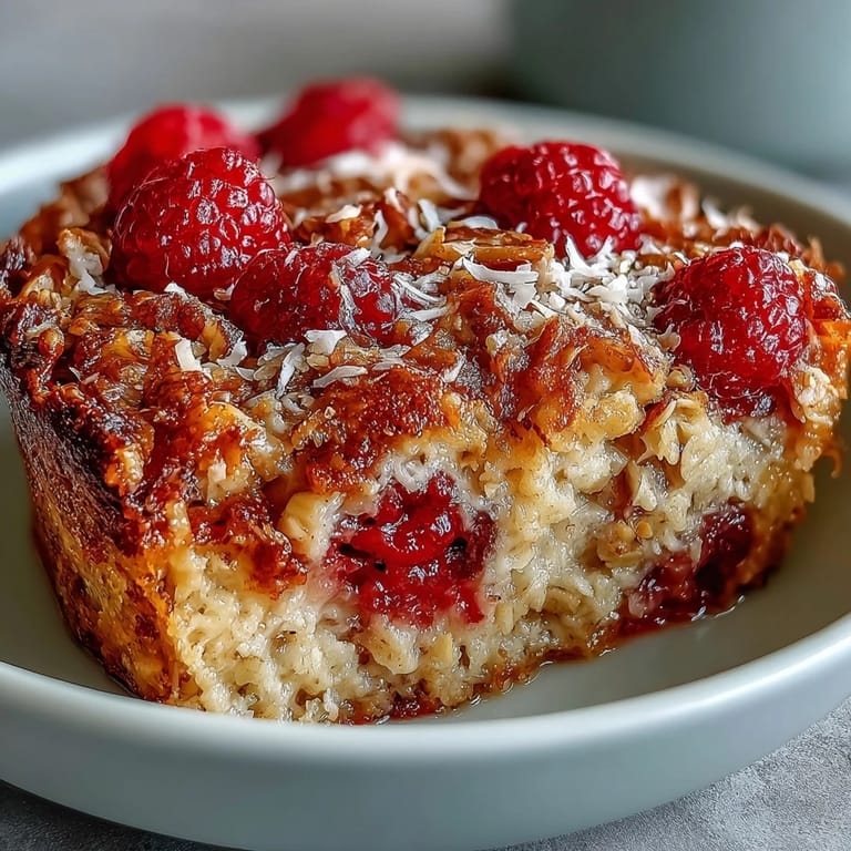 A warm Baked Oatmeal with Raspberry and Coconut slice served with almond milk, perfect for a cozy vegan breakfast.