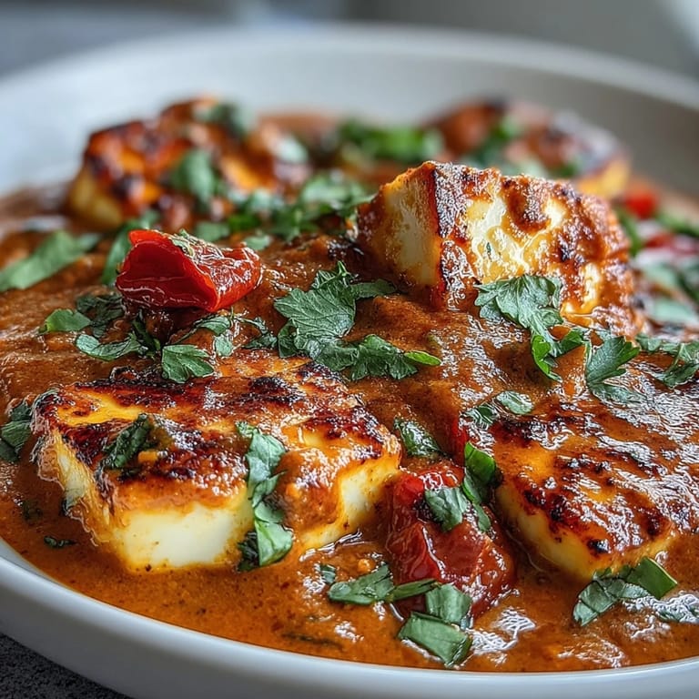 Sliced halloumi pieces sit in a rich tomato based sauce with red bell pepper and spices.
