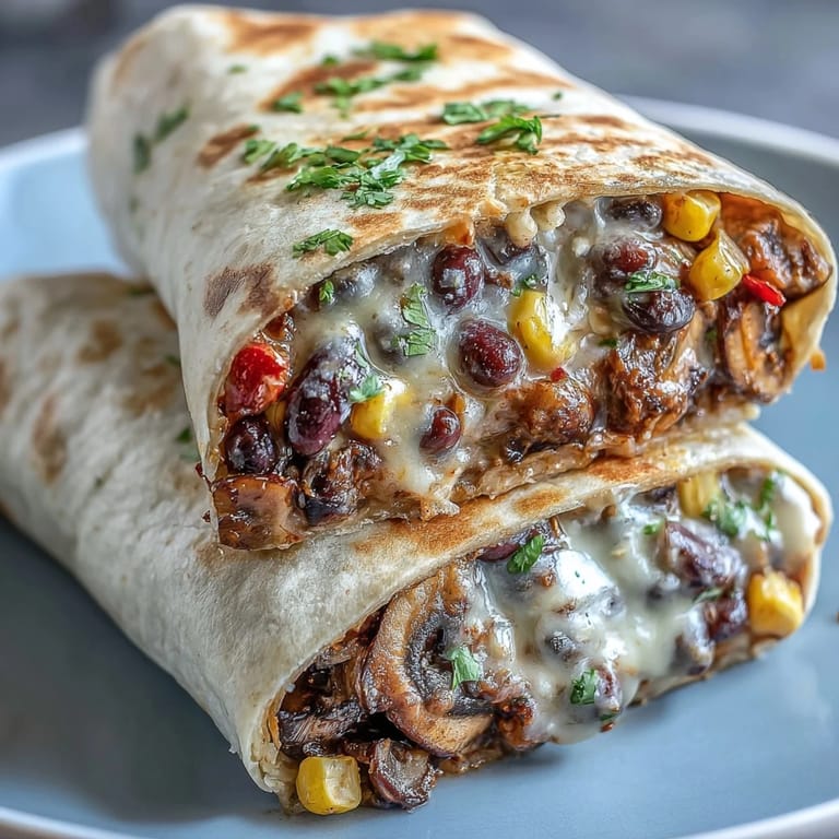 Warm flour tortillas wrapped around savory Veggie Burritos ingredients, garnished with cilantro and lime wedges.