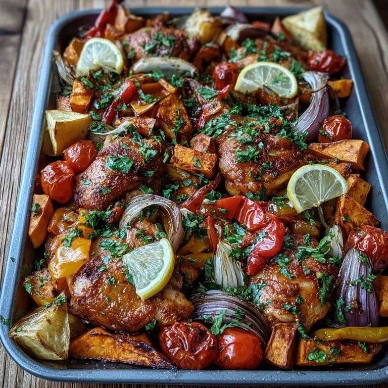 Juicy roasted chicken with caramelized sweet potatoes, red onion, and cherry tomatoes in a vibrant one-pan dinner.
