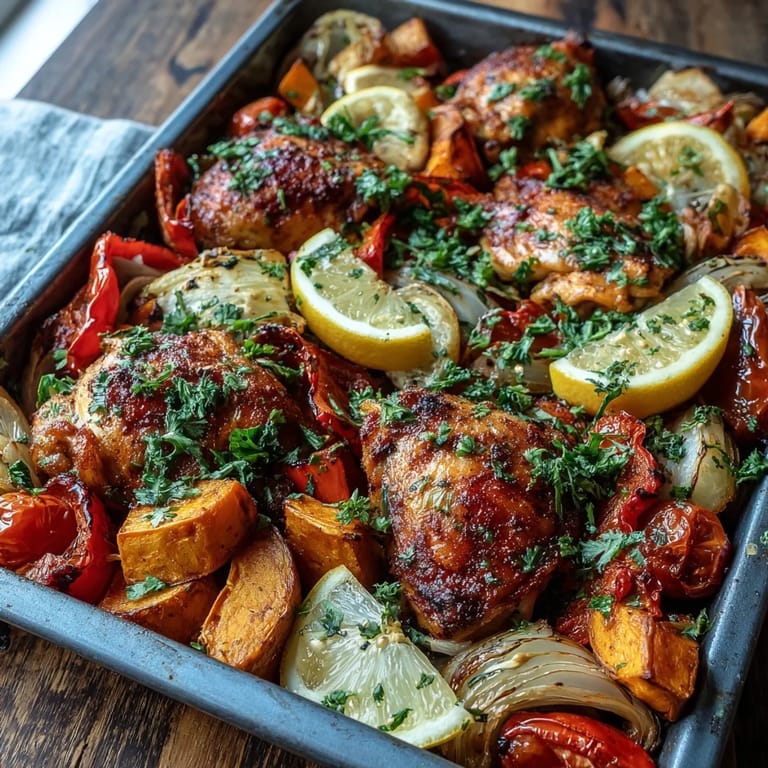 Crispy skin piri-piri chicken thighs roasted alongside tender sweet potatoes and mixed peppers, finished with fresh herbs.