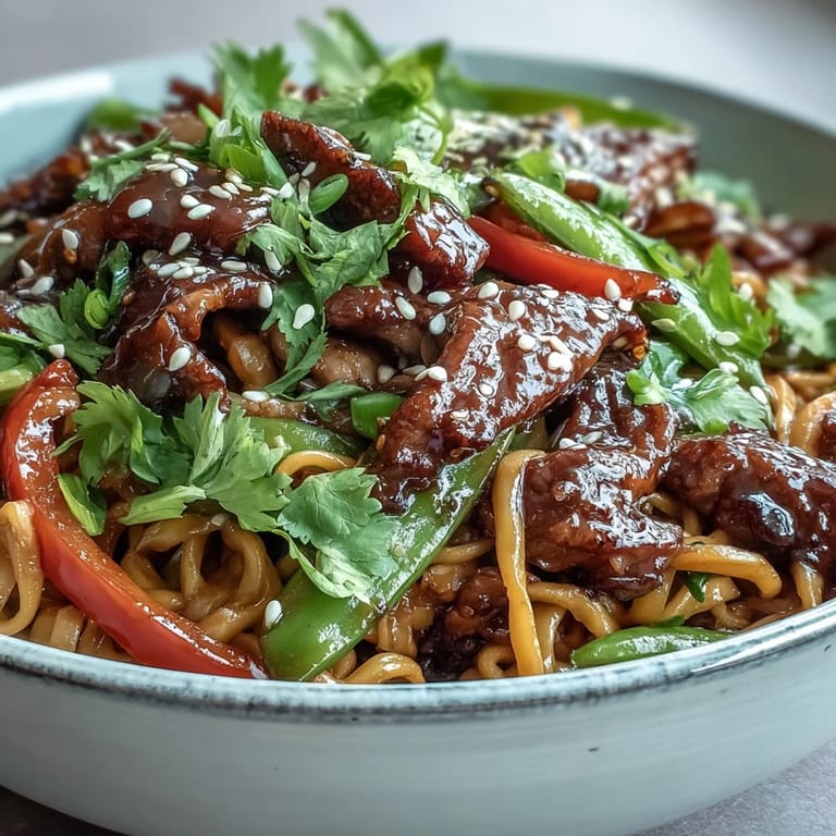 Weeknight-friendly pork noodle stir-fry in a wok, with tender pork slices and crisp snap peas.