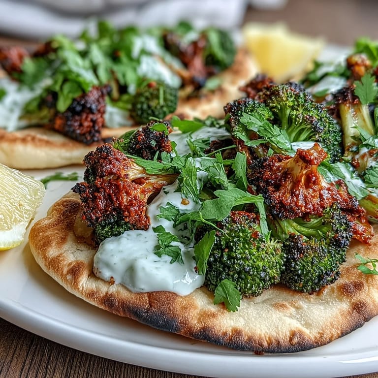 Spicy harissa broccoli and flatbreads topped with Greek yogurt dollops, fresh cilantro, and a bright squeeze of lemon.