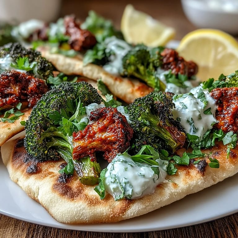 Golden harissa broccoli and flatbreads served as a vegetarian dinner with lemon wedges and creamy yogurt on the side.