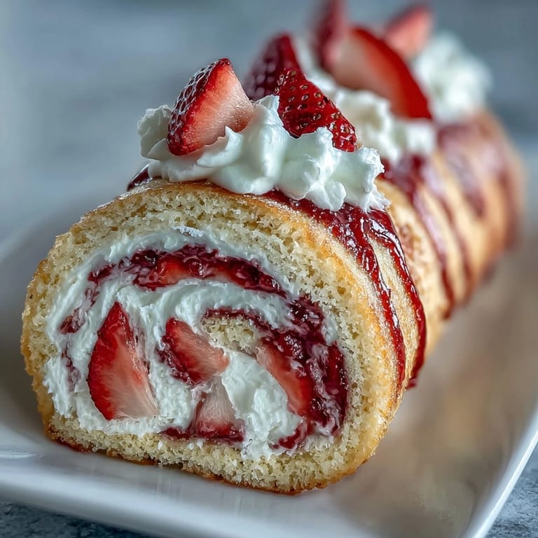 Slices of Strawberry Shortcake Sushi Roll drizzled with white chocolate on marble.