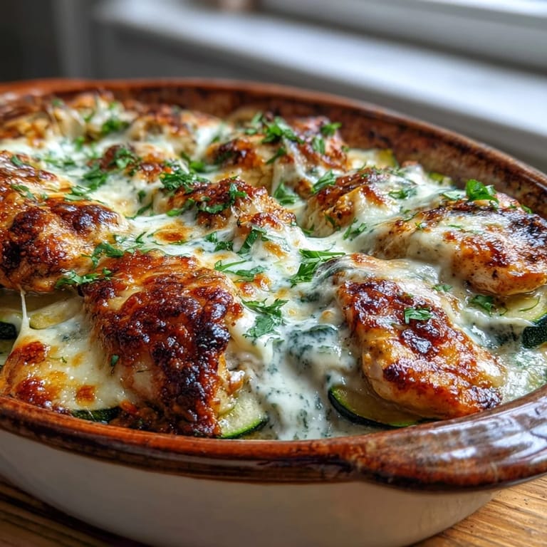 Sliced layers of tender chicken, zucchini, and creamy yogurt egg custard in a golden High Protein Chicken Zucchini Bake ready to serve.